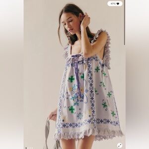 Free People Bali Main Squeeze Embroidered Lace Ruffles Mini Dress L